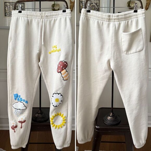 Pacsun Cream Sweatpants Mushroom Flower Sun Rain Cloud M - Picture 1 of 9
